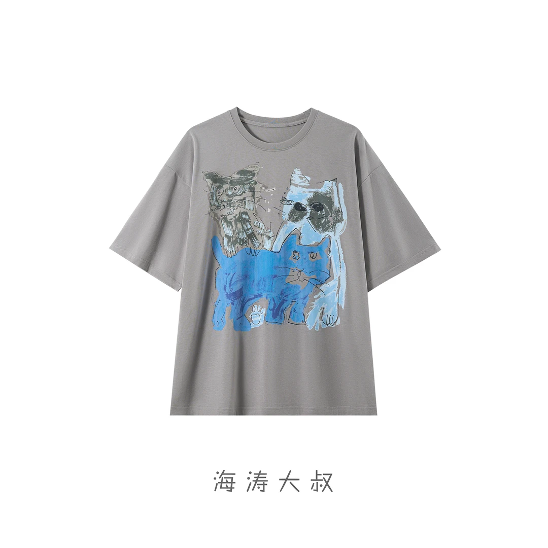 【海涛大叔】「夏日狂想」JN同款重磅水洗棉猫咪简约短袖HMRD63267