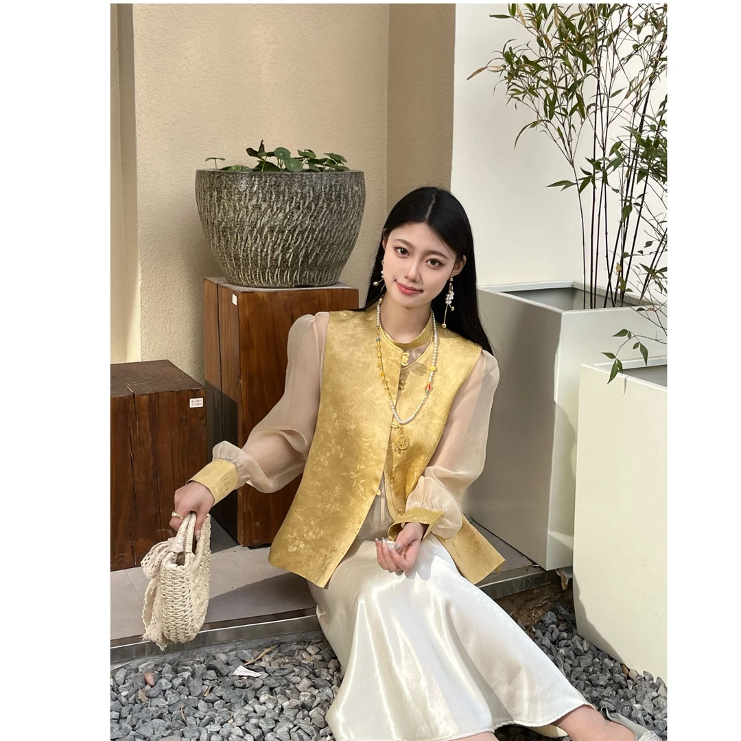 新中式马甲套装盘扣暗纹提花坎肩叠穿背心轻国风女装两件套8365