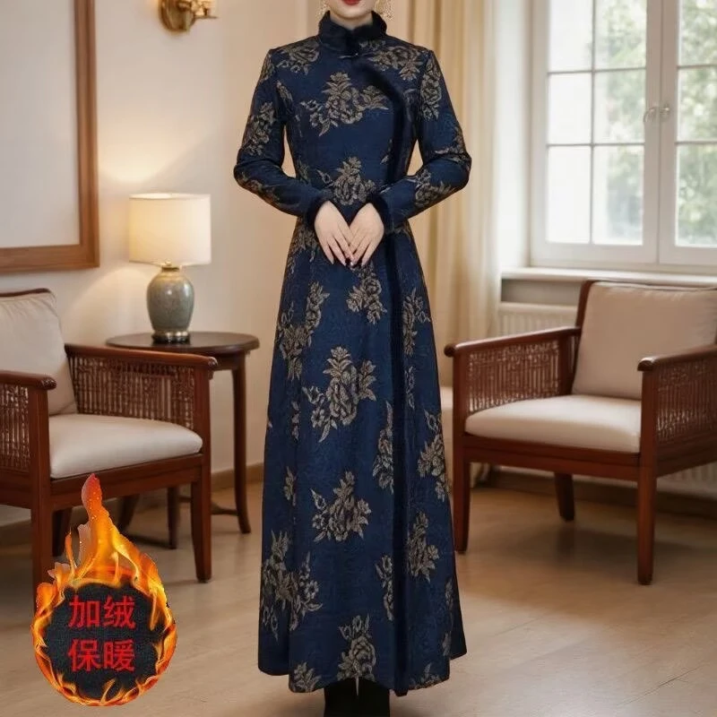 秋冬高端新中式国风复古重工提花加绒加厚改良旗袍气质优雅连衣裙