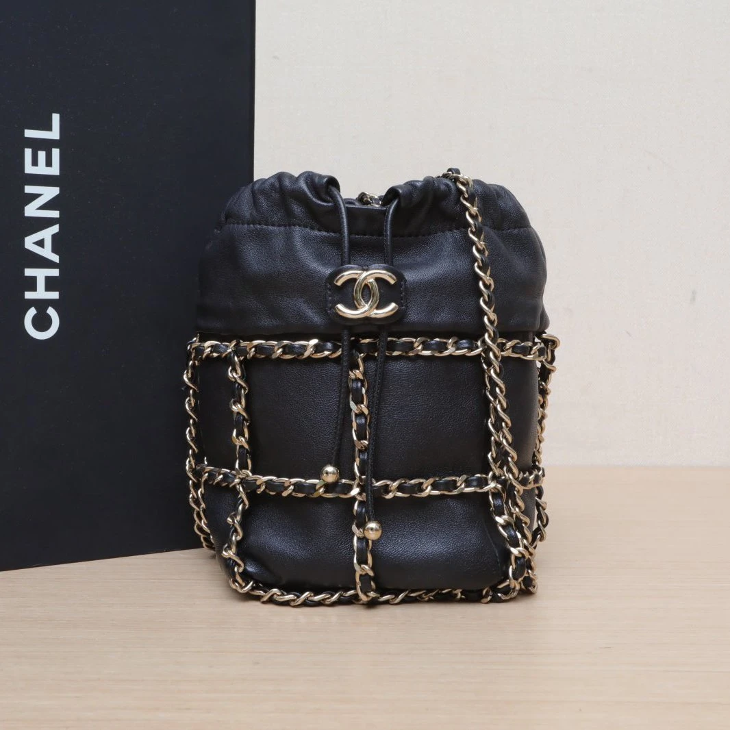 99新 Chanel/香奈儿 【念念特价】21C 网格链条抽绳水桶包 黑色
