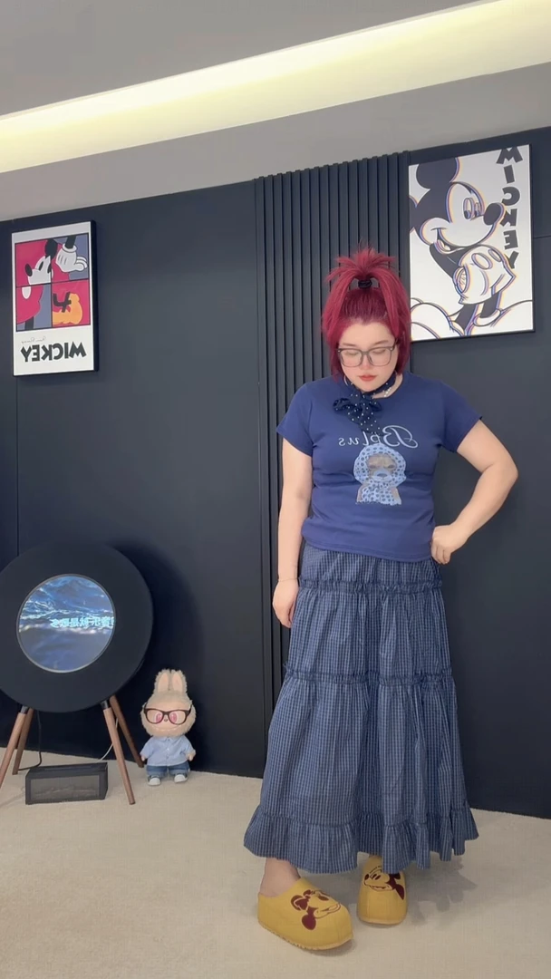 【涵涵家】萌犬印花圆领T恤/格子半身裙两件套