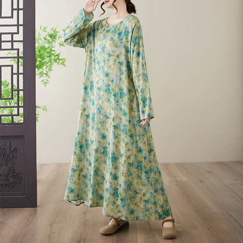 文艺棉麻绿色印花长袖胖MM加肥加大度假连衣裙圆领显瘦显白中长裙