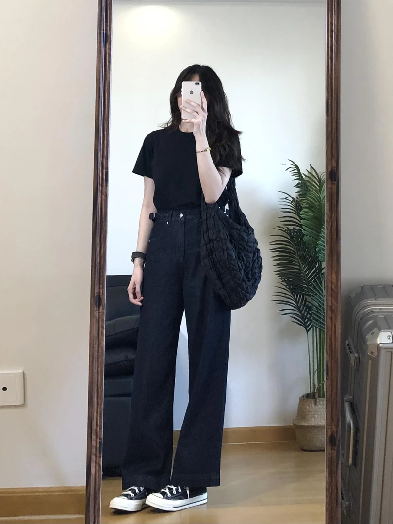 【墨点】简约黑色短袖T恤上衣夏季新款高腰黑色直筒休闲长裤两件套