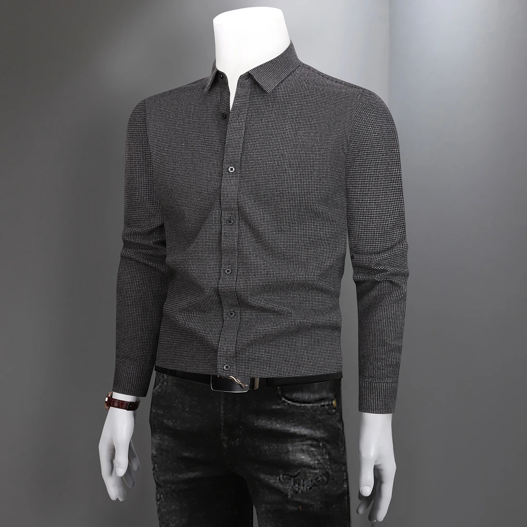 羊毛衬衫男款长袖冬季加厚时尚休闲华夫格子保暖衬衣男士修身上衣