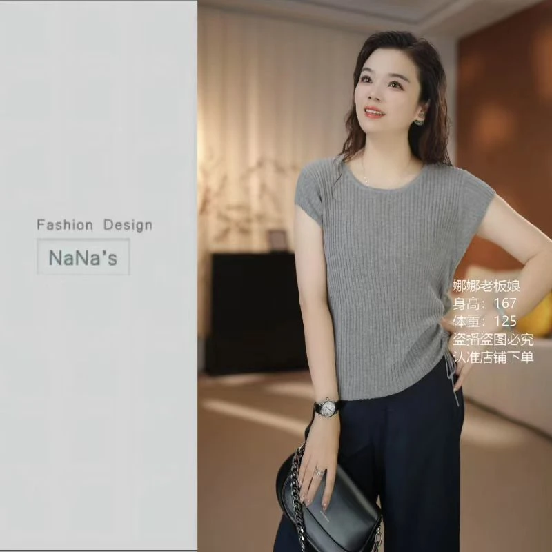 NaNa's【亚麻 莱赛尔天丝】小飞袖圆领抽绳坑条短袖t恤3421