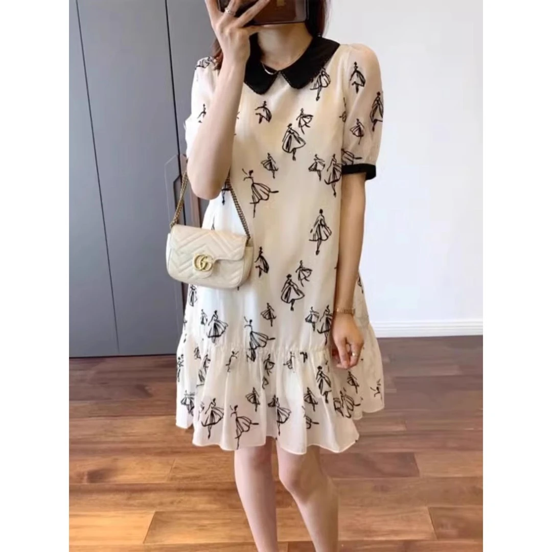 2025年夏季新款小个子温柔风连衣裙女气质印花娃娃领裙子减龄显瘦