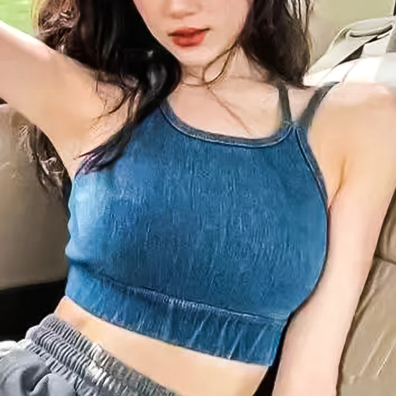 NLD新玲东小个子微胖女装夏季牛仔吊带美背裹胸外穿背心露脐修身