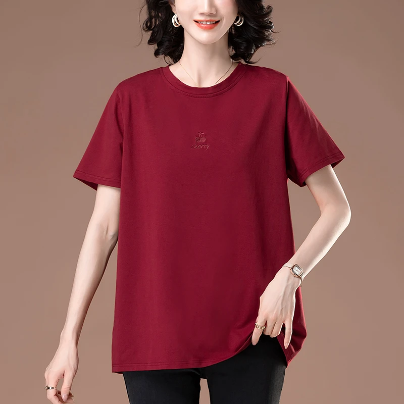 加肥加大码短袖t恤女夏季新款中年妈妈纯棉刺绣百搭休闲半袖体恤