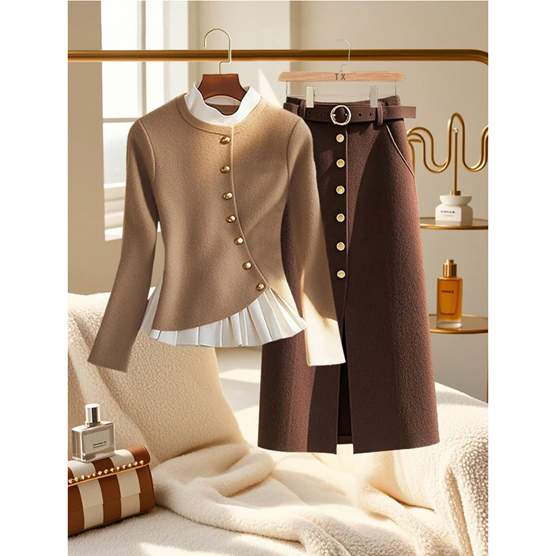 早春季假两件咖色针织打底衫女新款设计感减龄超好看半身裙两件套