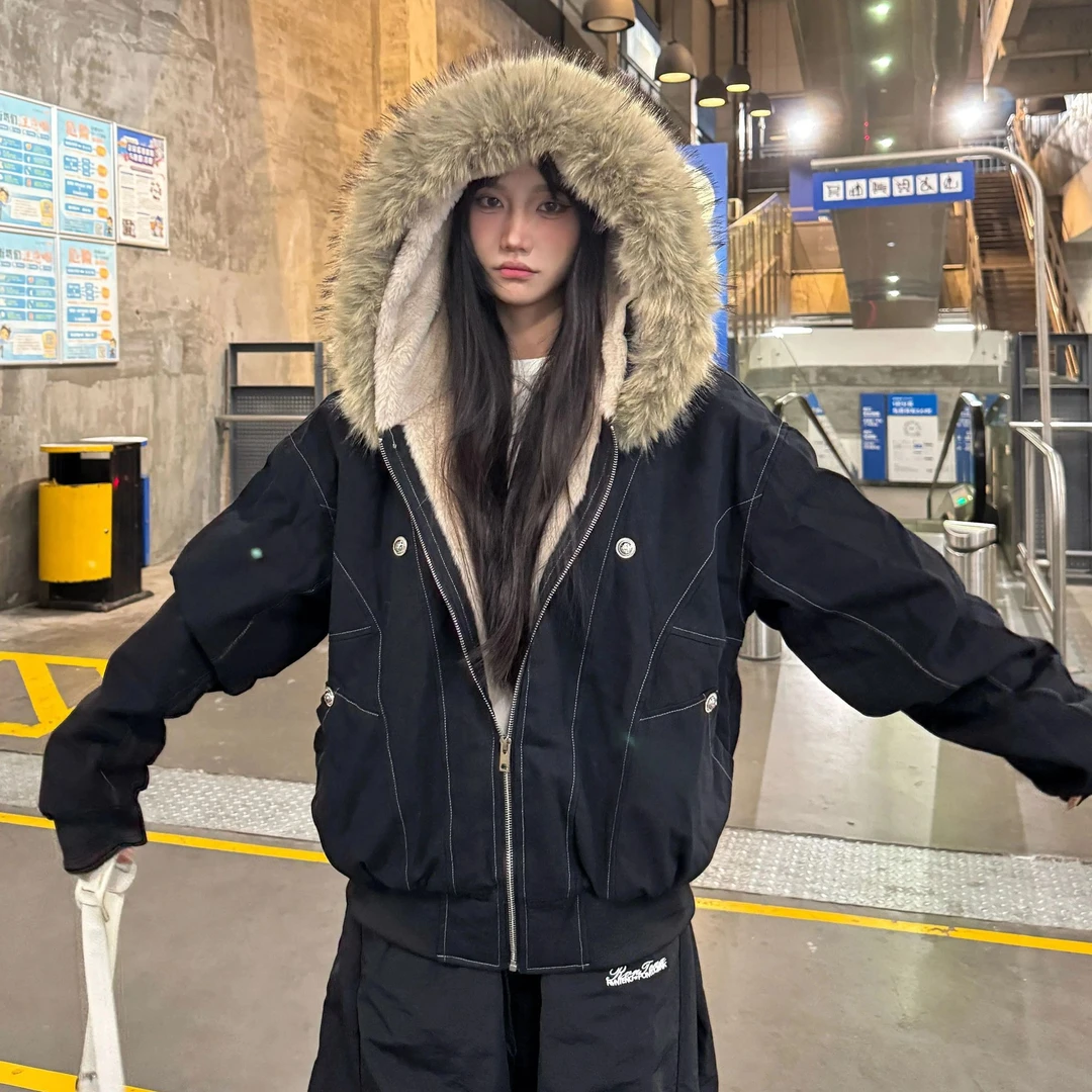 国潮毛领连帽仿兔毛座山雕女加绒棉服cleanfit短宽棉衣派克服外套