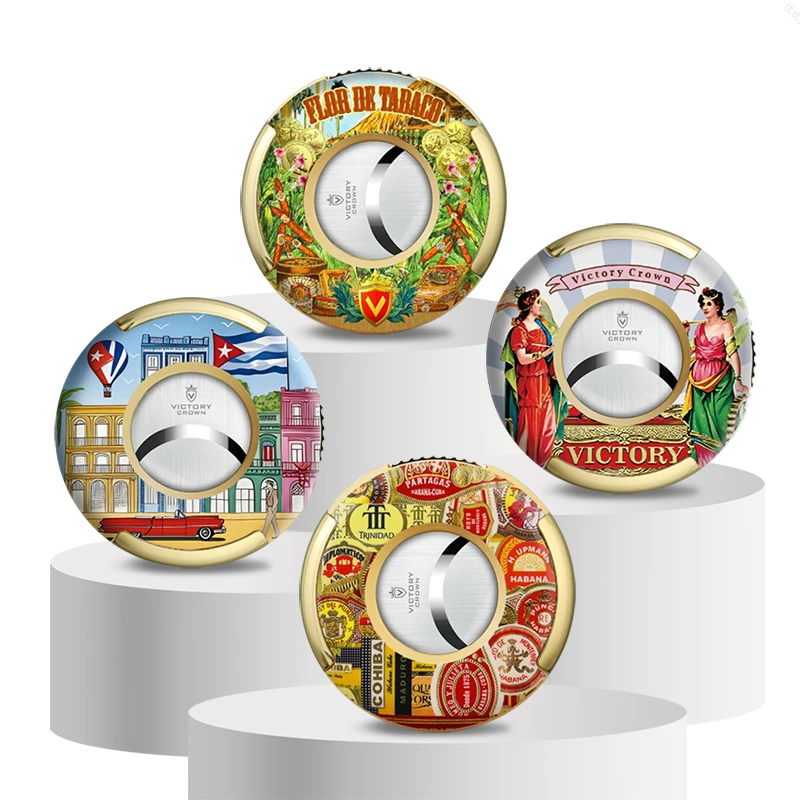 优质颜值平切圆形金属雪茄剪锋利顺滑多款创意图案半自动开合礼盒