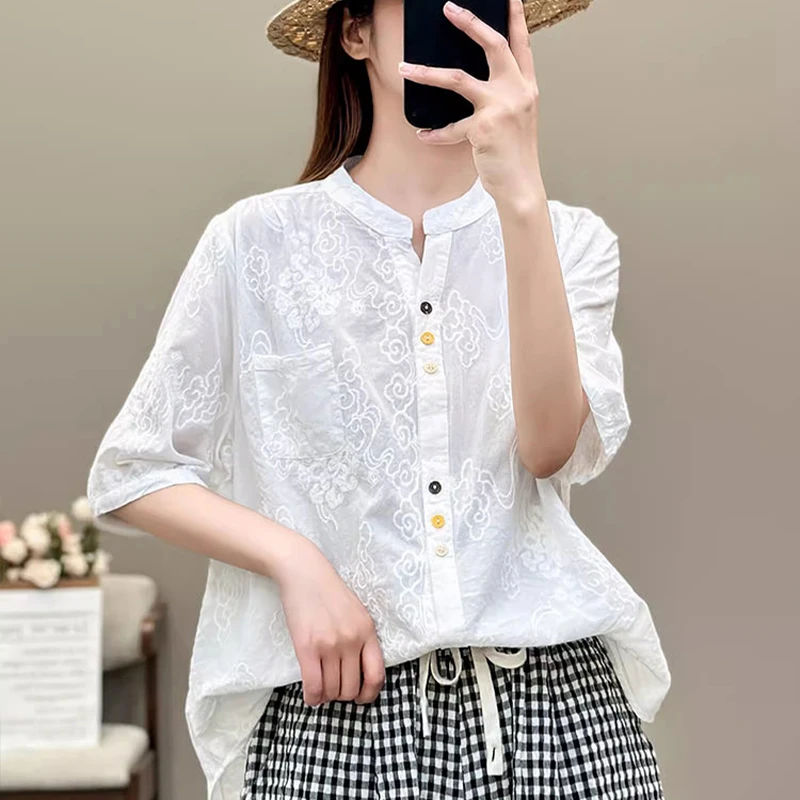 有运费补贴 夏季新款高颜值满绣小v领衬衫上衣气质森系文艺衬衣女