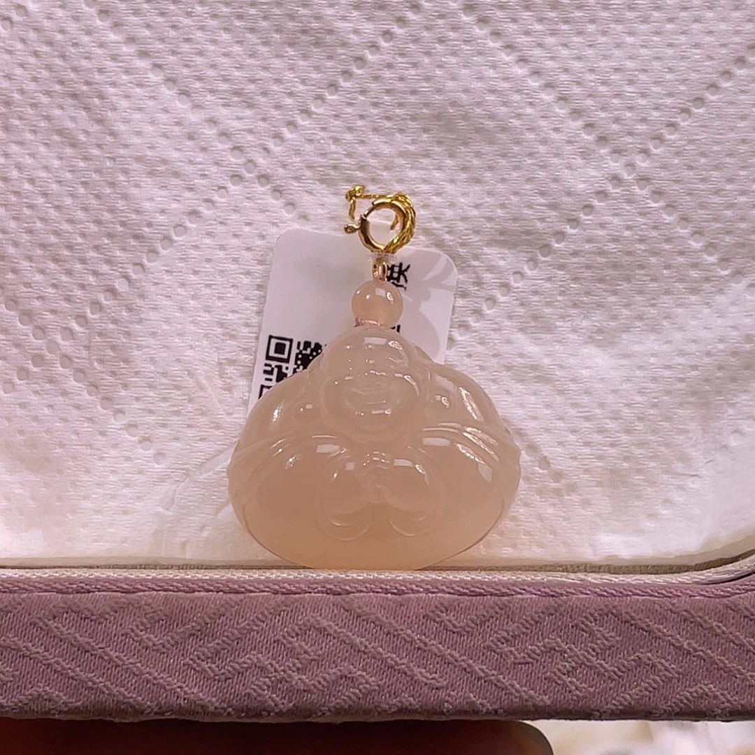 吊坠(不含链)18K金镶嵌和田玉藕粉熟红粉抱抱佛