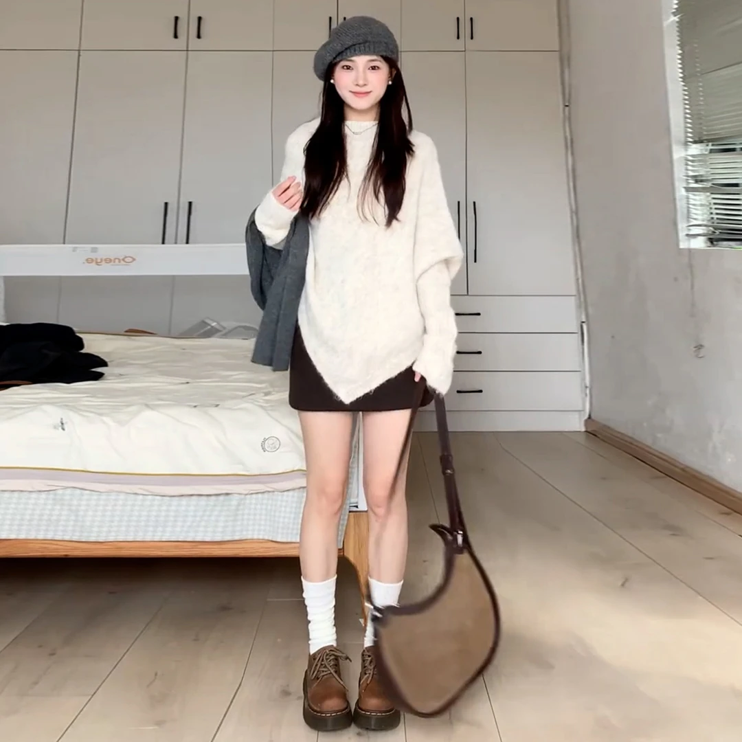 2025秋季新款韩系设计感宽松圆领长袖毛衣上衣气质高腰半身裙套装
