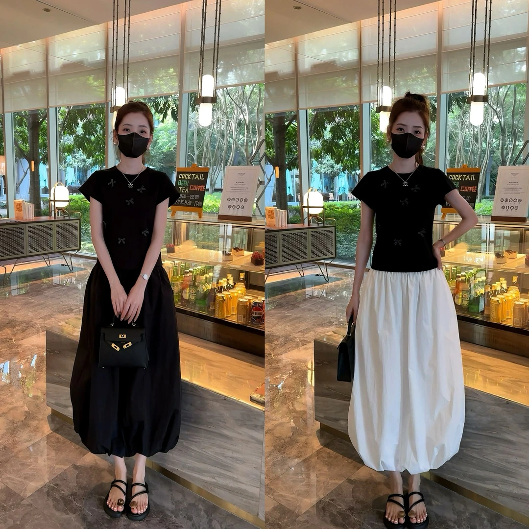 【wenwen】2025年夏季立体手工蝴蝶结T恤＋松紧高腰蓬蓬花苞裙两件套