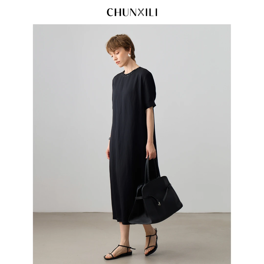 CHUNXIL/轻奢连衣裙 夏季显瘦黑色长裙D03L52052
