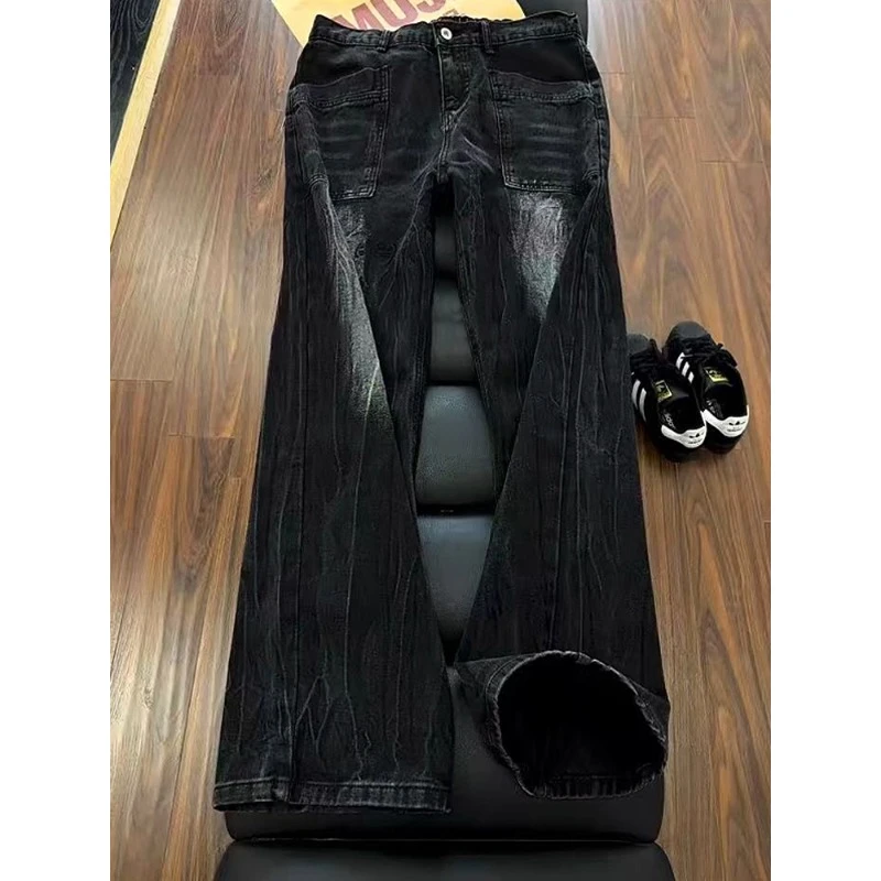 cleanfit爆裂闪电纹牛仔裤男潮牌美式复古vibe裤子水洗微喇工装裤