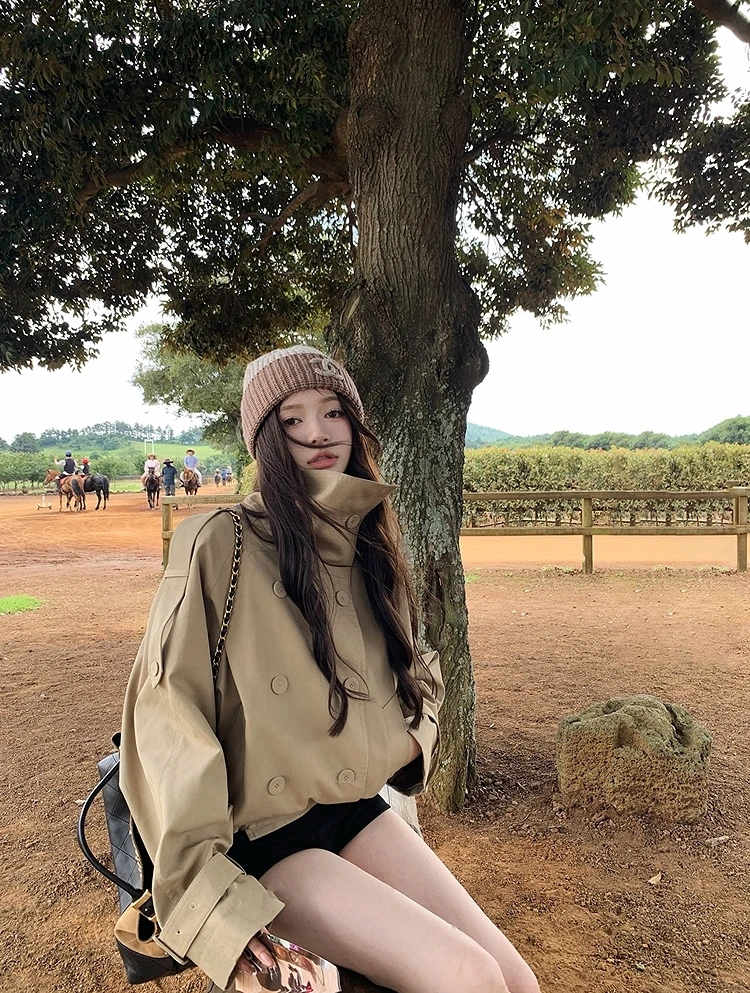 【英区留学生】2025秋季新款英伦风双排扣立领短款风衣拉链外套