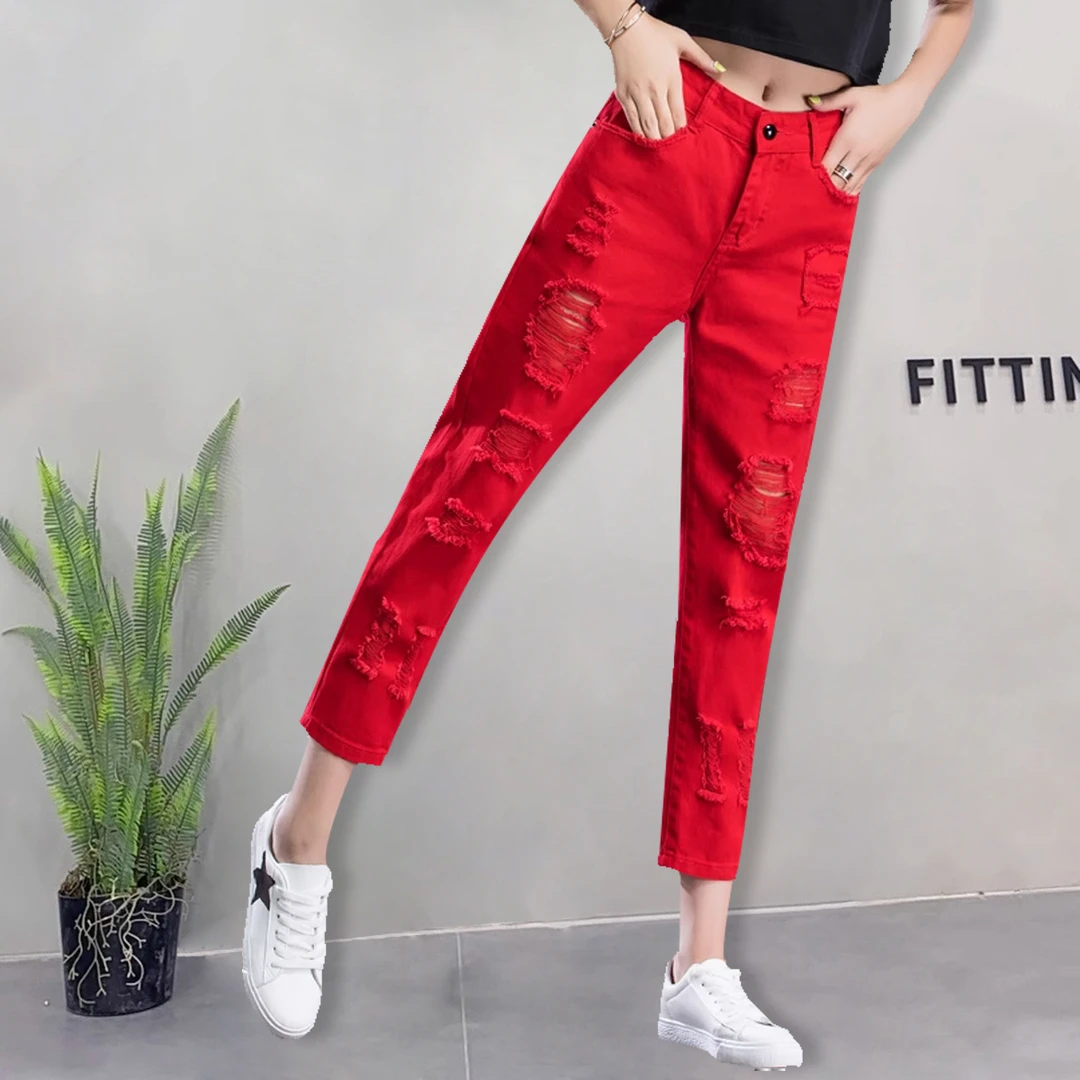 红色牛仔裤女士直筒夏季薄款破洞高腰显瘦大码九分裤哈伦女款裤子