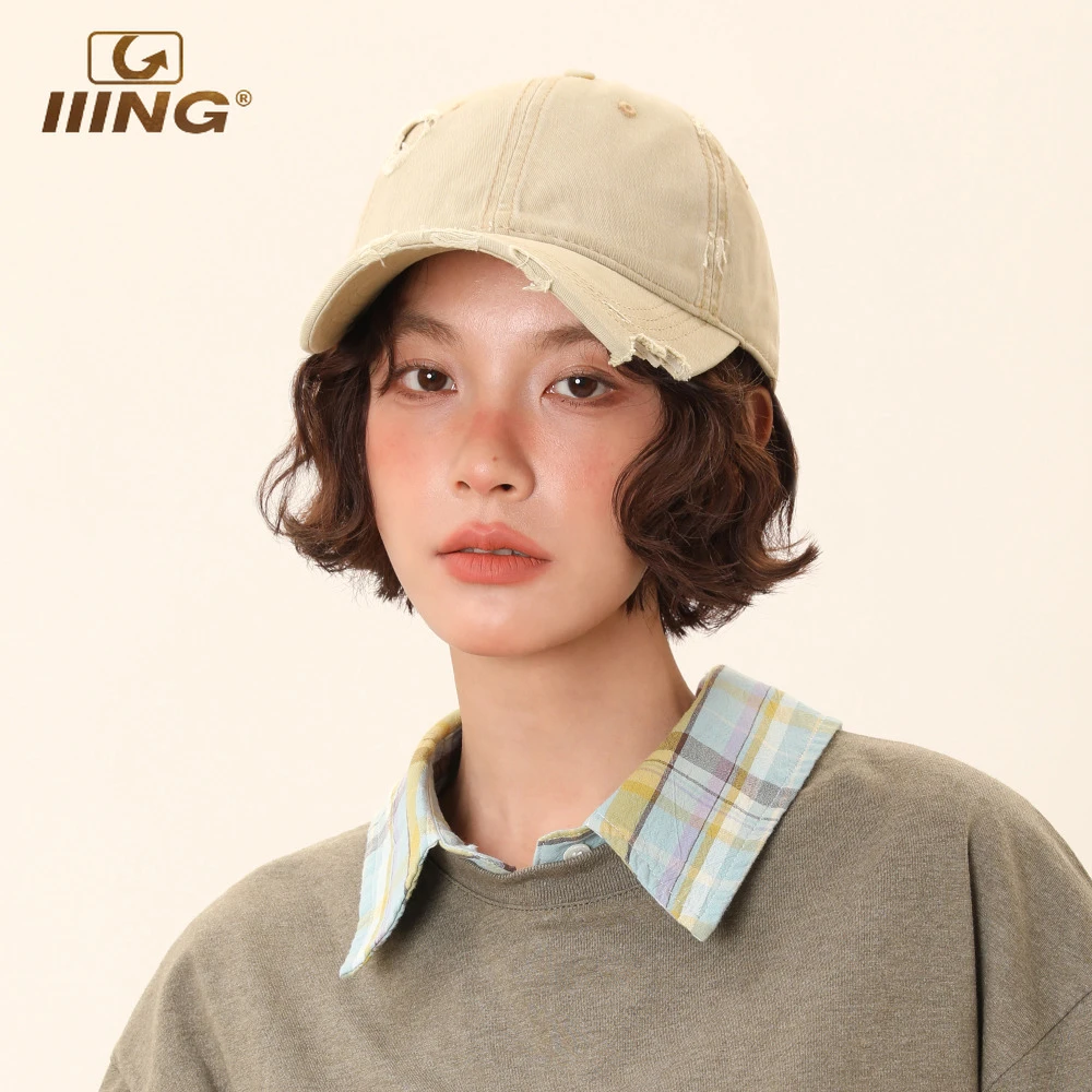 IIING不规则帽檐破洞做旧鸭舌帽子女显瘦水洗户外情侣个性鸭舌帽