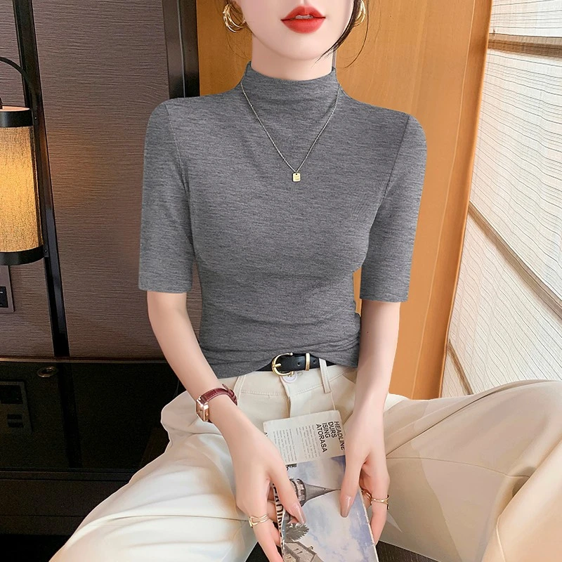 半高领中袖t恤女打底衫内搭2025新款秋季修身高级感五分短袖上衣