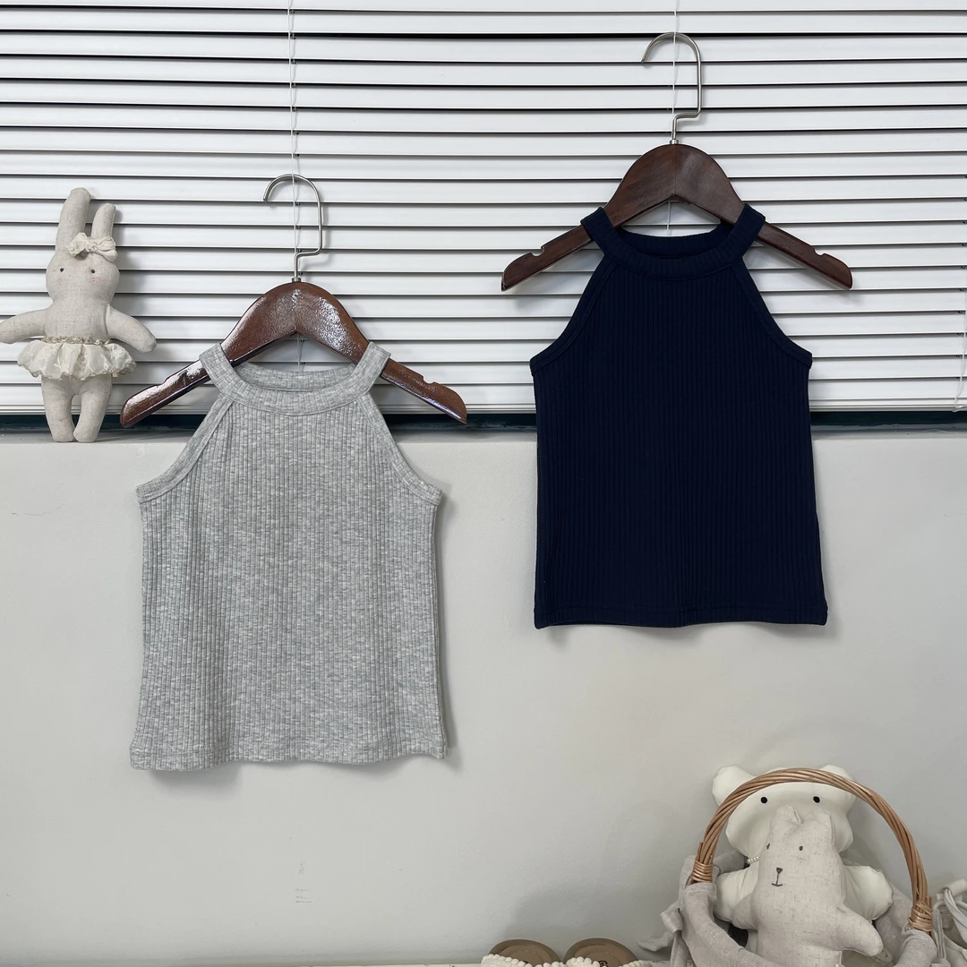 9069儿童挂脖无袖上衣 女童夏季韩系纯色基础款休闲洋气无袖上衣