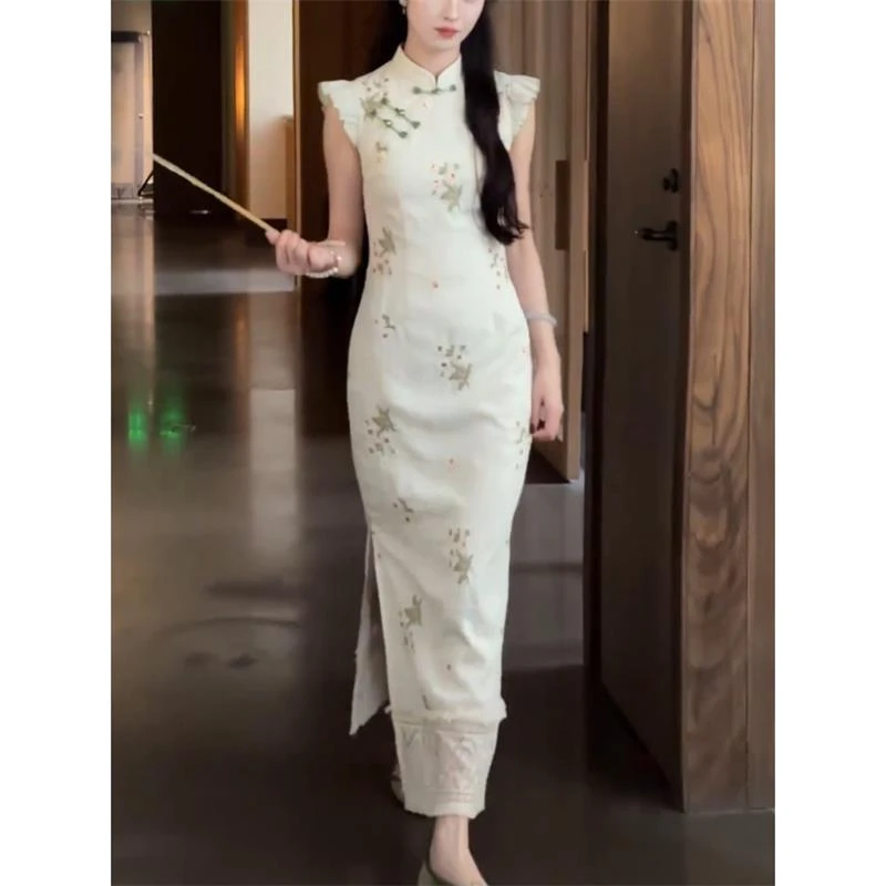 新中式复古改良旗袍2025年夏季新款设计感小众绣花拼接开叉连衣裙