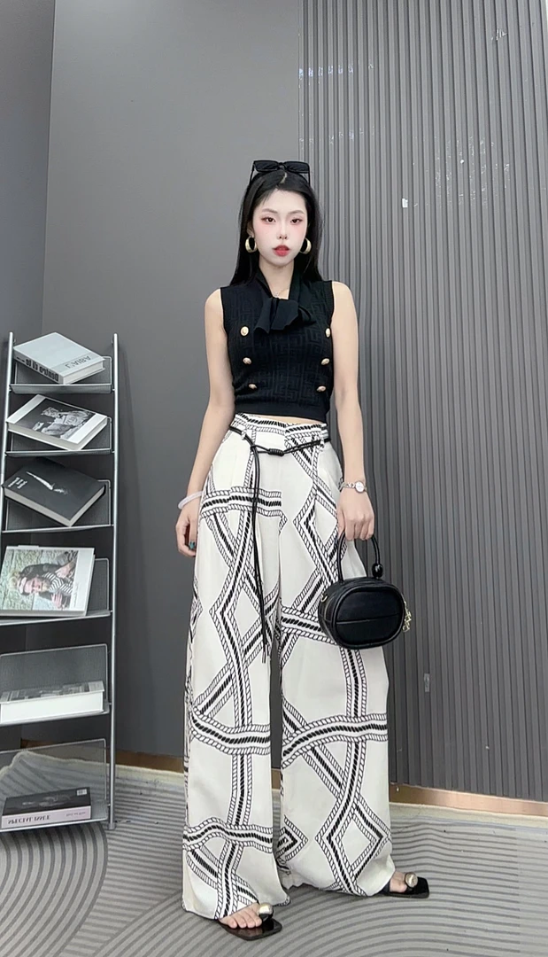 【老钱风】夏季新款气质印花法式棉麻宽松阔腿拖地裤+送腰带6605