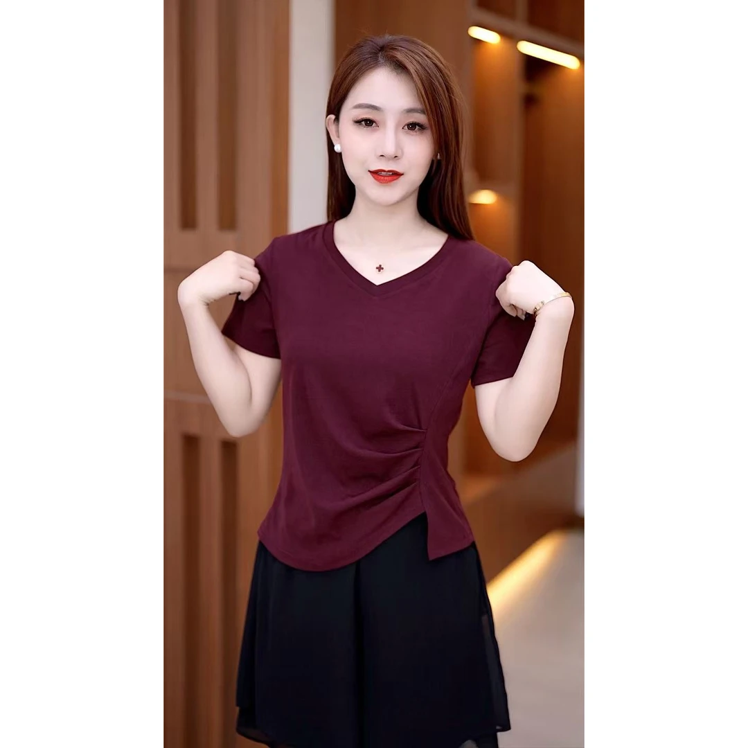 2025新款爆款女短袖T恤显瘦气质修身时尚夏季不规则上衣遮肚子