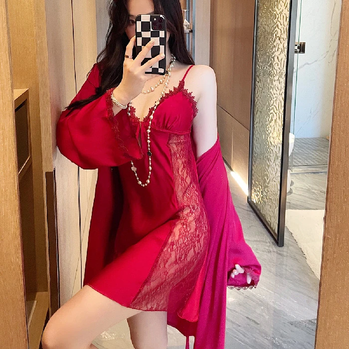 【S-pajamas】性感纯欲深v冰丝蕾丝拼接睡裙睡袍带胸垫前扣