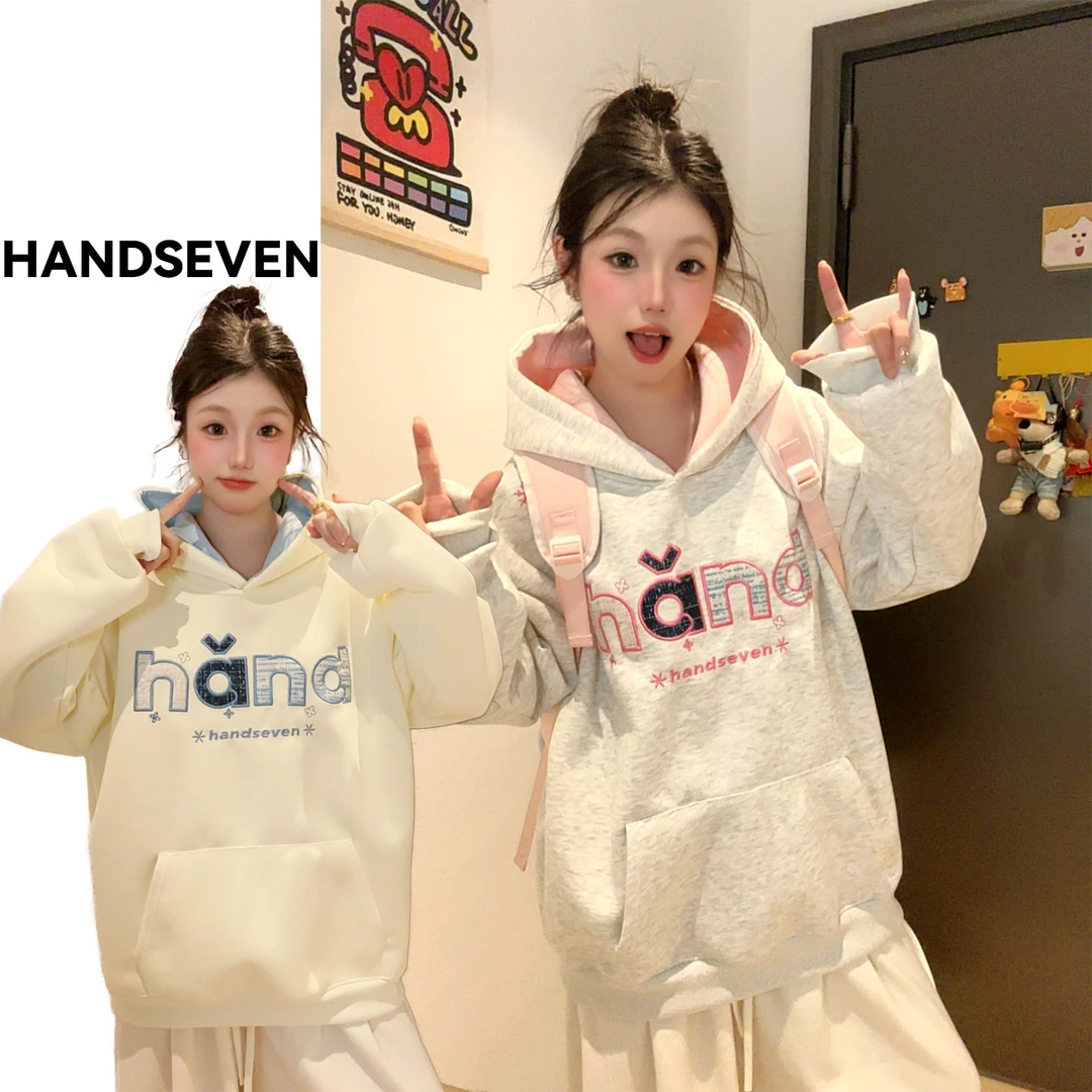 HandSeven美式贴布字母刺绣秋冬重磅连帽卫衣宽松休闲保暖连帽衫