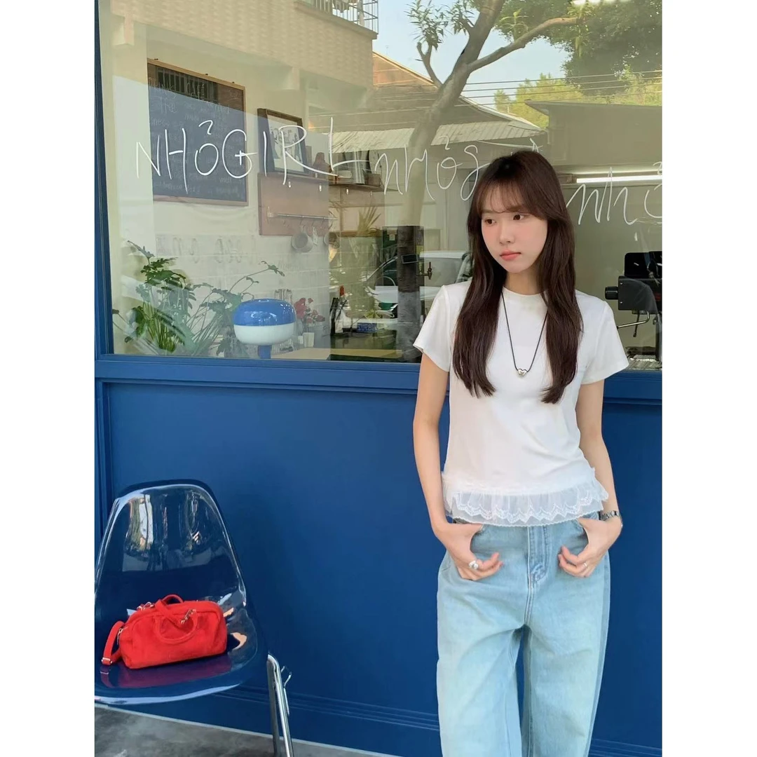 L-T060#【小天鹅t】甜美蕾丝花边下摆圆领内搭叠穿短袖T恤