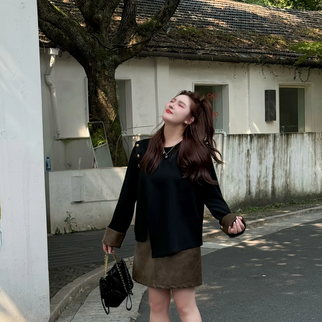 楠序【都市拿铁】源子微胖女装 2025年秋装长袖百搭气质卫衣YZ37120