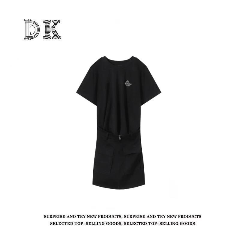 DK 2025女装 夏季高级感气质收腰显瘦圆领短袖假两件连衣裙 61630