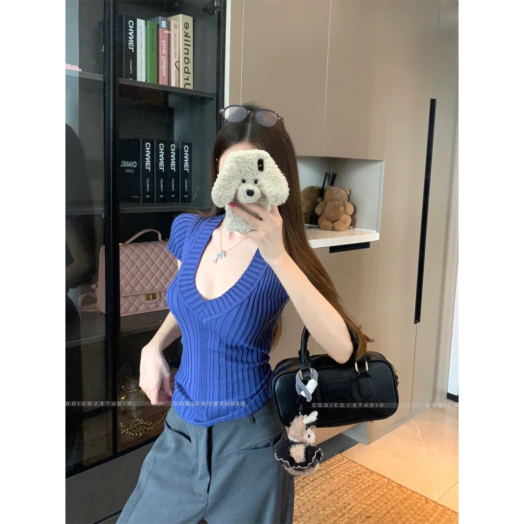 纯欲老钱风深V领坑条高弹针织冰感收腰显瘦百搭短袖T恤女上衣