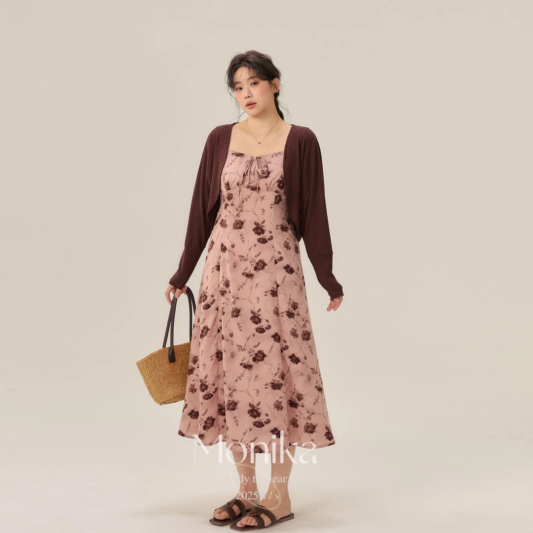 大码女装复古玫瑰碎花连衣裙显瘦针织开衫外套吊带裙两件套STL357