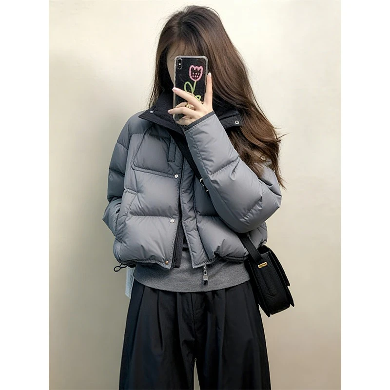 休闲简约灰色短款立领面包服外套女冬季新款设计感超好看甜酷棉袄