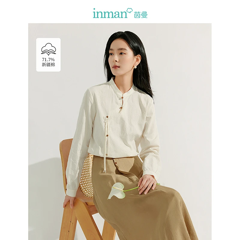 【商场同款新品】茵曼春季新中式气质蝴蝶盘扣提花立领衬衫长袖上衣