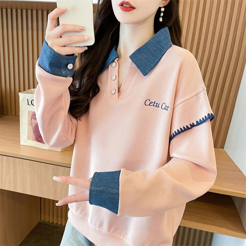 牛仔翻领polo衫卫衣女2025新款春秋季韩版宽松薄款假两件上衣外套