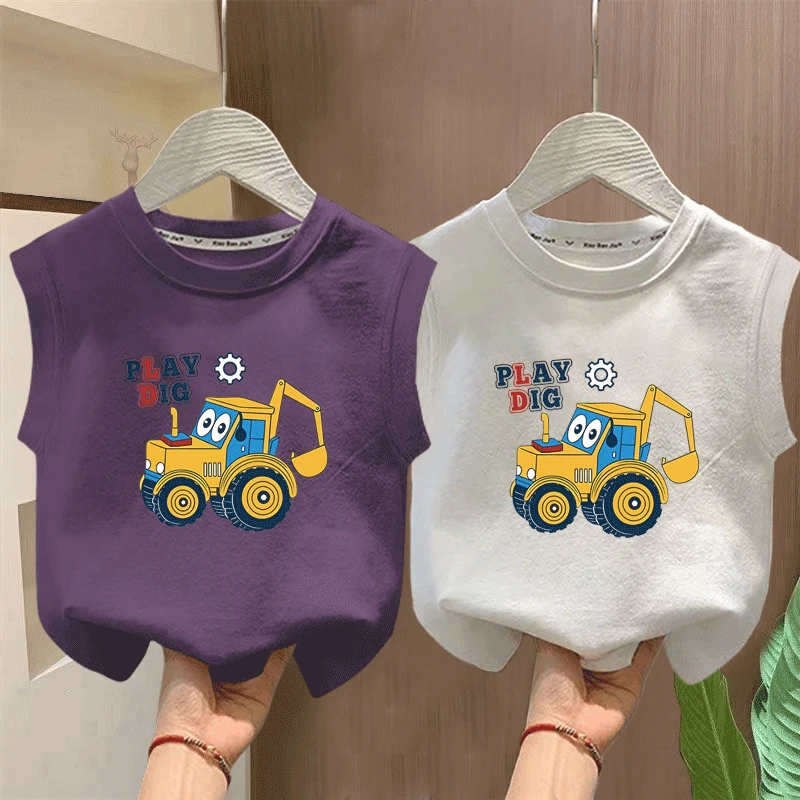 男童100%纯棉卡通汽车背心夏季印花新款T恤宝宝外穿无袖可爱上衣t