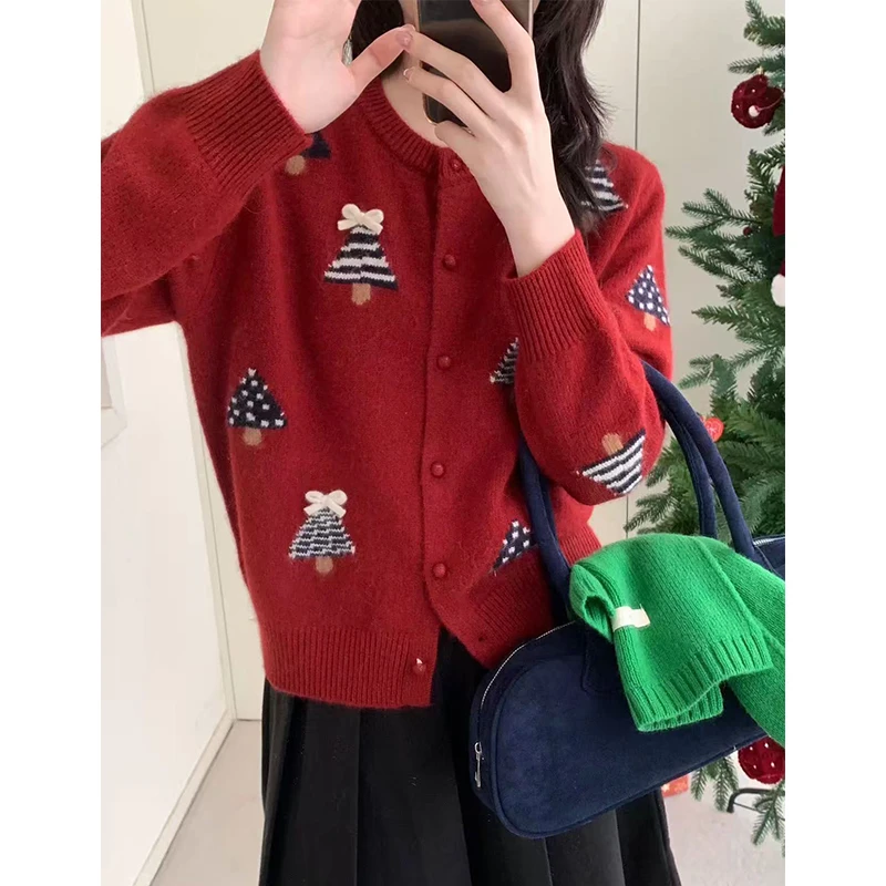 圣诞树」圣诞款~冬季圆领圣诞提花针织开衫宽松显瘦百搭上衣-5656