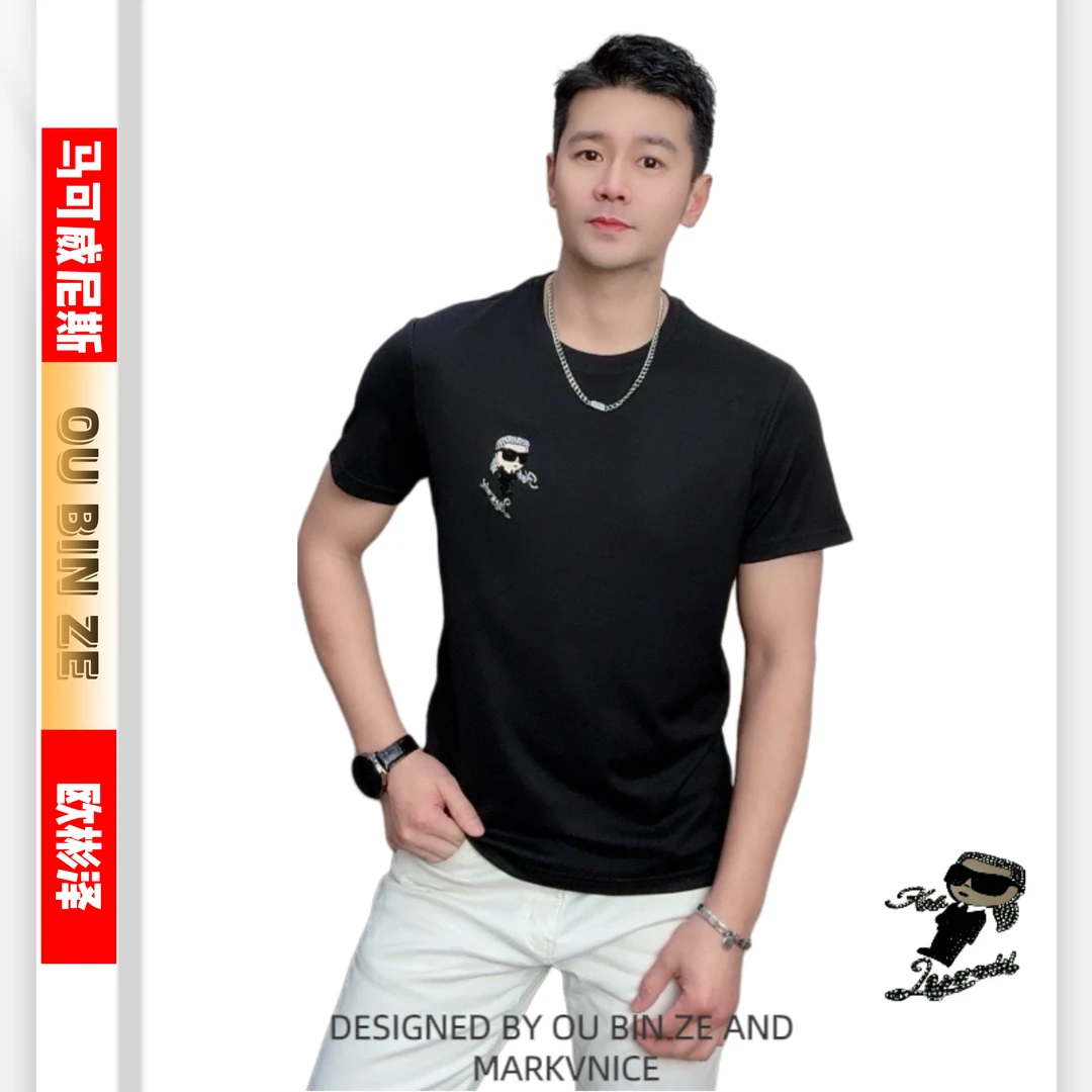 欧彬泽【小少爷】液氨简约欧货烫钻夏季男装圆领短袖T恤6111