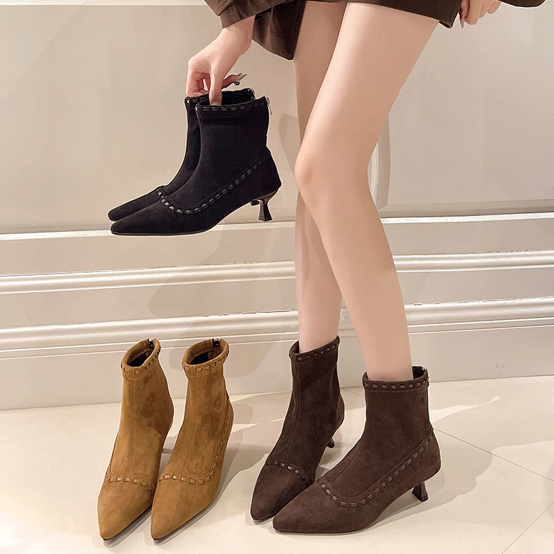 弹力靴冬季短筒高跟单靴女靴女鞋法式磨砂皮秋冬尖头