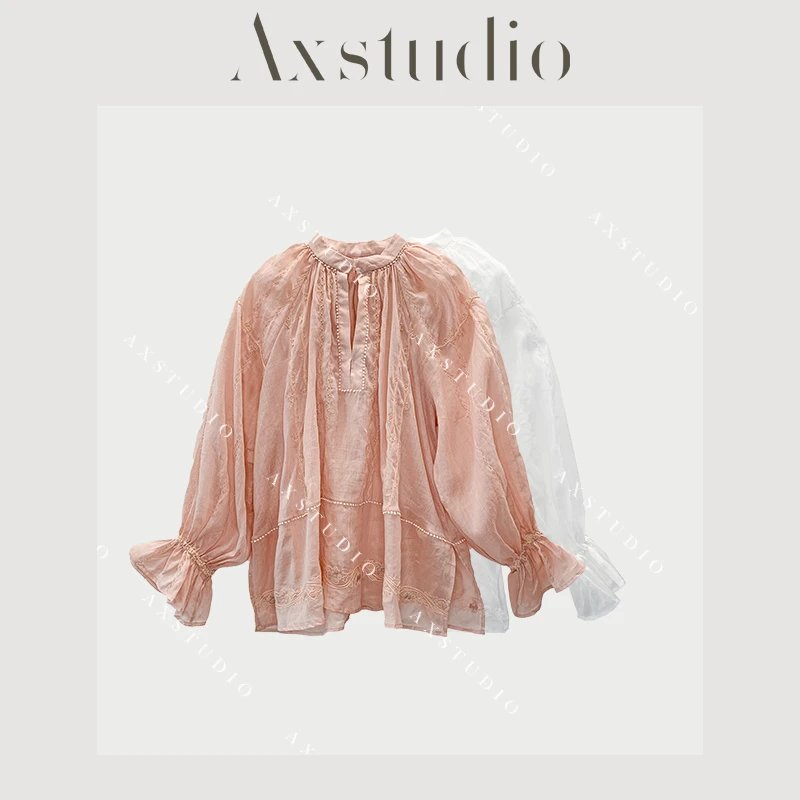 阿昕亮晶晶 浮世绘 60支细腻高支100%苎麻重工绣花小衫AX250352