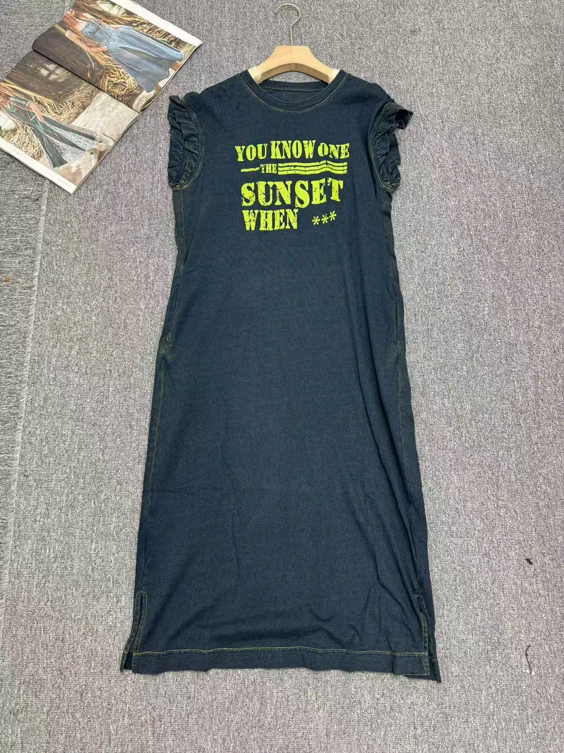 欧货女装原创不撞衫拼接字母飞飞袖长款进口软连衣裙