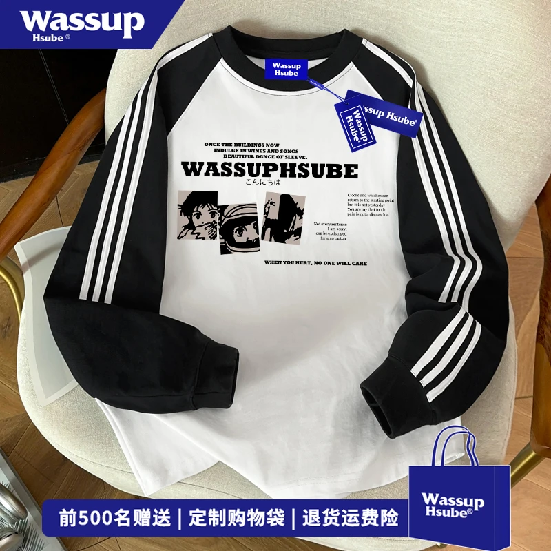 WASSUP HSUBE街头创意字母印花纯棉上衣男秋季宽松三条杠长袖T恤
