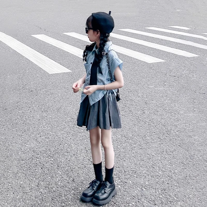 女童夏季套装2025新款洋气大童学院风jk百褶裙又酷又飒儿童两件套