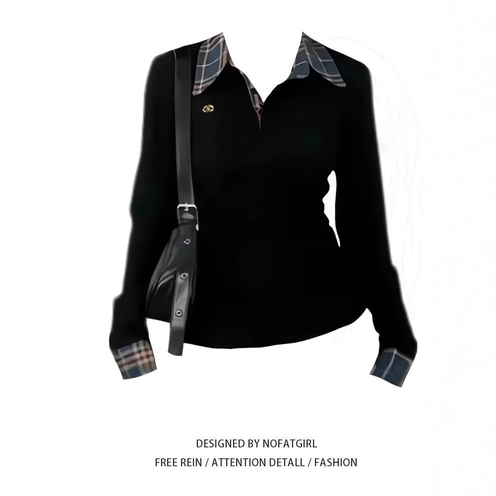 美式正肩领格子长袖恤黑色女春季新款修身显刺绣假两件上衣百搭潮
