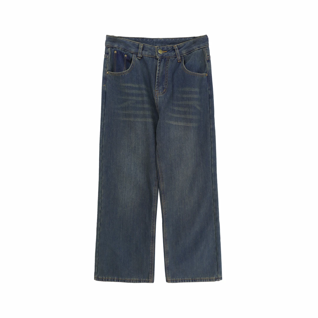 复古加厚加绒高腰显瘦直筒牛仔长裤S5458