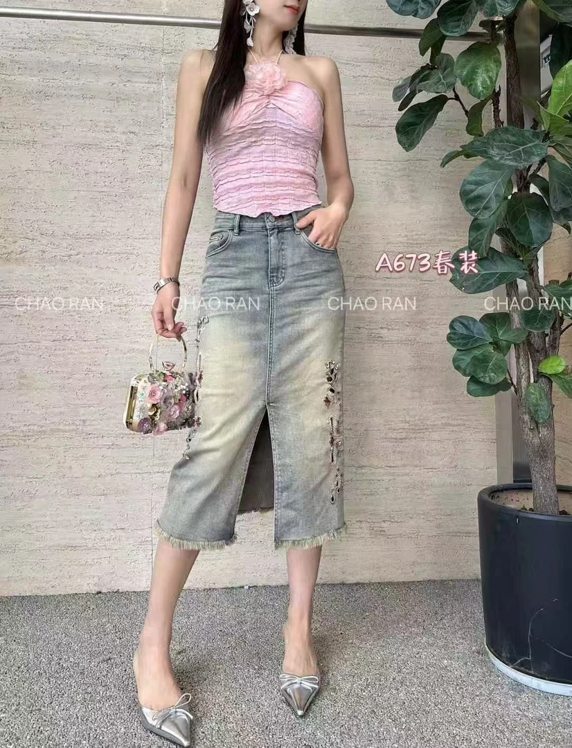 超然正品复古高腰开叉牛仔半身裙刺绣设计感中长款包臀裙显瘦百搭